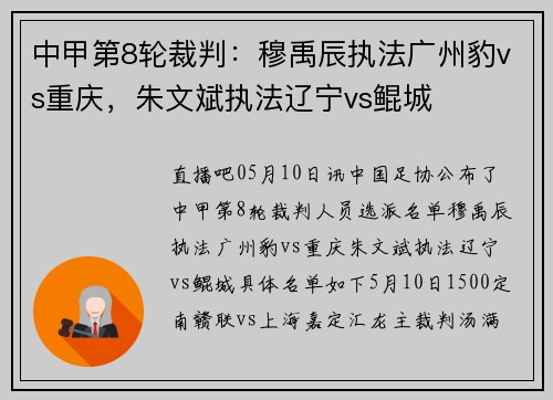 中甲第8轮裁判：穆禹辰执法广州豹vs重庆，朱文斌执法辽宁vs鲲城